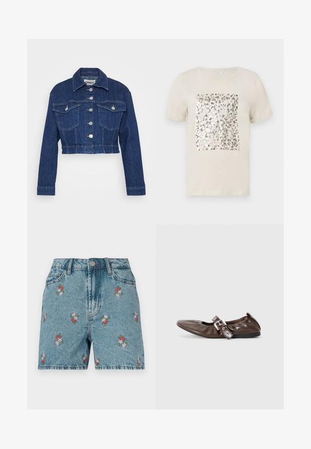 Afskåret denimjakke i mørkeblå, med krave, sølv hardware, to brystlommer og knaplukning foran.; Beige kortærmet t-shirt med et firkantet sølv dyreprint grafik i midten. Blødt bomuldsmateriale, klassisk rund halsudskæring.; Lysblå denimshorts med en vasket finish. Har farverig blomsterbroderi over hele, to frontlommer og knaplukning.; Brun lakeret flad sko med spids tå, elastisk sløjfedetalje og en sølvspændeaccent på siden. Sort gummisål.