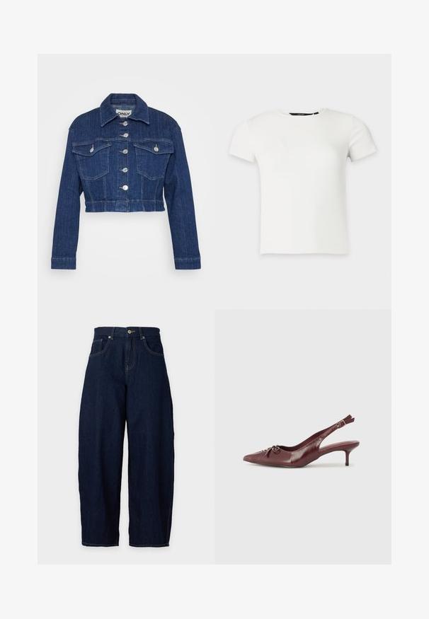 Afskåret denimjakke i mørkeblå, med krave, sølv hardware, to brystlommer og knaplukning foran.; Hvid kortærmet ribstrikket t-shirt med rund halsudskæring, vist på en ensartet lys grå baggrund.; Mørkeblå vidde cowboybukser med forreste knap- og lynlås lukning, bæltestropper og forlommer mod en lys baggrund.; Bordeaux læder slingback hæl med spidse tå, justerbar rem og dekorativ sløjfedetalje foran. 7,5 cm hælhøjde.
