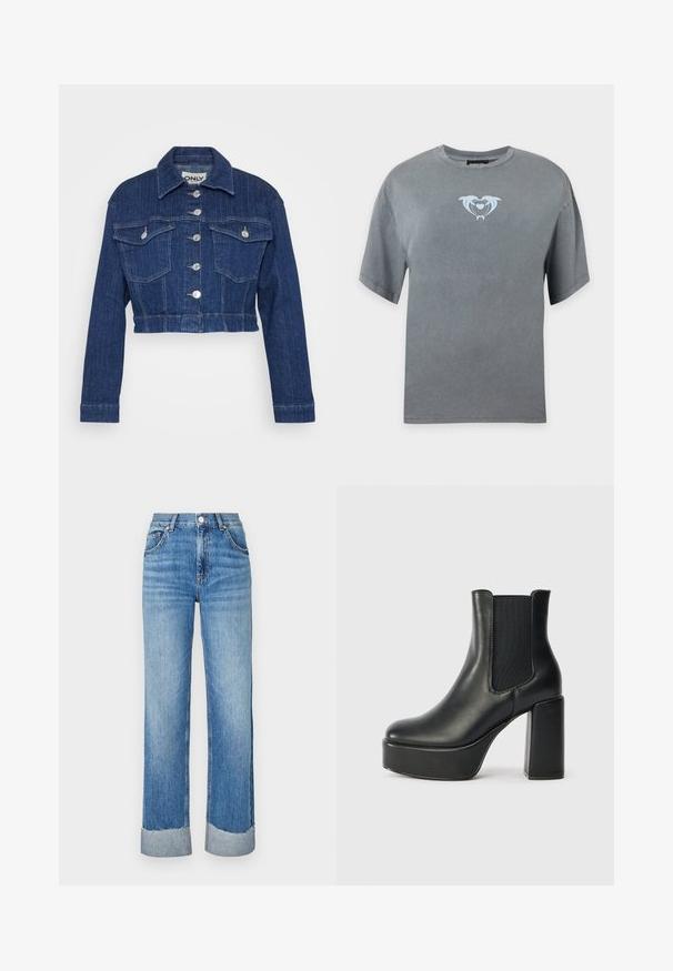 Korte spijkerjack in donkerblauw, met een kraag, zilverkleurige hardware, twee borstzakken en knoopsluiting aan de voorkant.; Grijs T-shirt met korte mouwen met een kleine lichtblauwe afbeelding van twee dolfijnen die een hart vormen in het midden van de borst.; Lichtblauwe denim jeans met een rechte pasvorm, voorzien van een omgeslagen zoom, vijf pockets, en een klassieke knoop- en ritsluiting.; Zwarte leren enkelboot met een chunky blokhak, elastische zijpanelen en een zachte textuur. Bevat een platformzool voor extra hoogte.