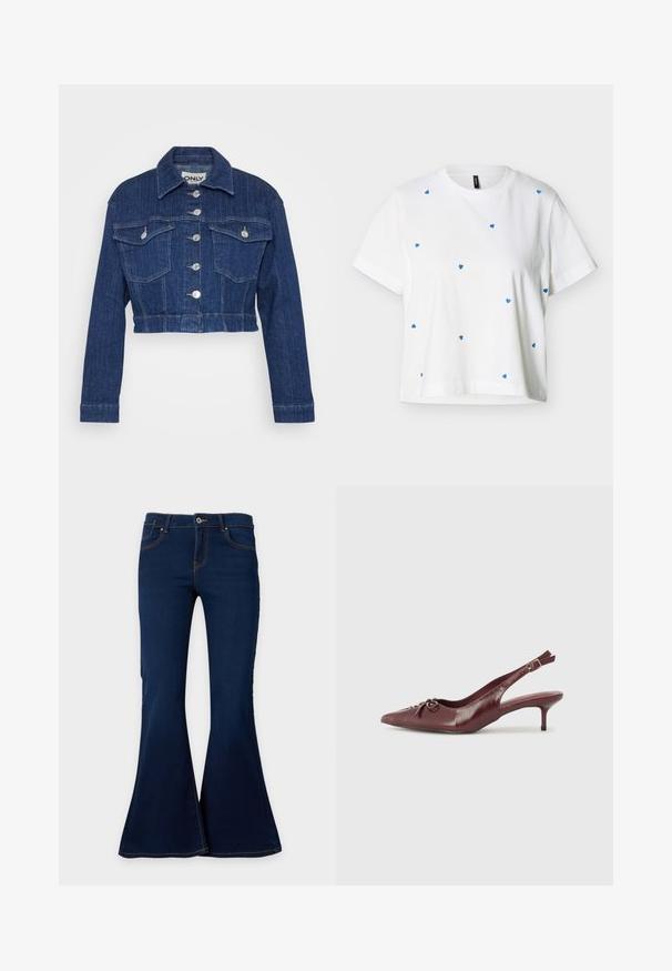 Afskåret denimjakke i mørkeblå, med krave, sølv hardware, to brystlommer og knaplukning foran.; Hvid T-shirt med korte ærmer og rund halsudskæring, med små blå hjerteprint spredt over forsiden og ærmerne.; Mørkeblå denim flare jeans med frontknap og lynlås, frontlommer og bæltestropper vist på en ensfarvet baggrund.; Bordeaux læder slingback hæl med spidse tå, justerbar rem og dekorativ sløjfedetalje foran. 7,5 cm hælhøjde.