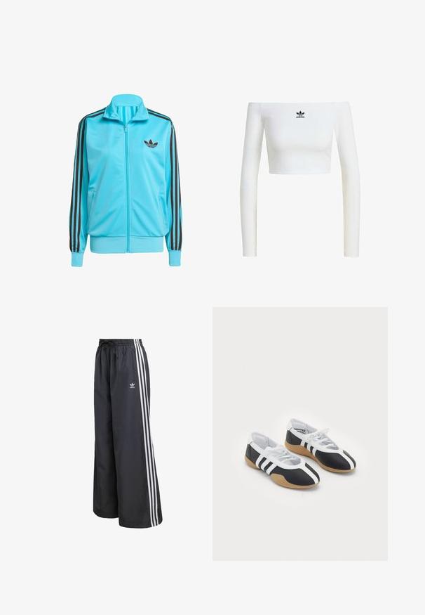 Blauwe ritsjas van soepel polyester, met bruine drie-streepdetails op de mouwen en een subtiel logo op de borst.; Witte off-shoulder crop top van ribstof, met lange mouwen en een klein zwart Adidas-logo aan de voorkant.; Zwarte sportbroek van lichtgewicht materiaal, met drie witte verticale strepen en een elastische tailleband met trekkoord.; Zwart-witte sport schoenen met een slank ontwerp, rubberen zool, vetersluiting en drie witte strepen aan de zijkanten.