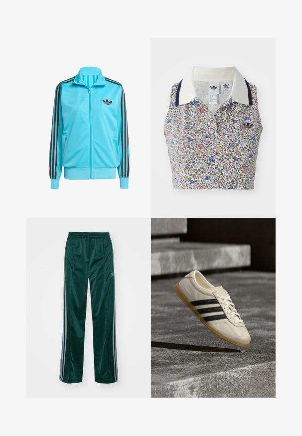 Modrá zapínacia bunda vyrobená z hladkého polyesteru, s hnedými trojpruhovými detailmi na rukávoch a jemným logom na hrudi.; Kvetinový crop top s bielym základom, na ktorom sú modré, červené a žlté kvety. Obsahuje biely golier s námorníckymi akcentmi a vyšívané logo.; Tmavozelené športové nohavice vyrobené z lesklého materiálu, s bočnými pruhmi v svetlošedej farbe a vyšitým logom na ľavom stehne.; Biela teniska s čiernymi pruhmi a gumovou podrážkou vznášajúca sa nad betónovým schodiskom v mäkkom dennom svetle.