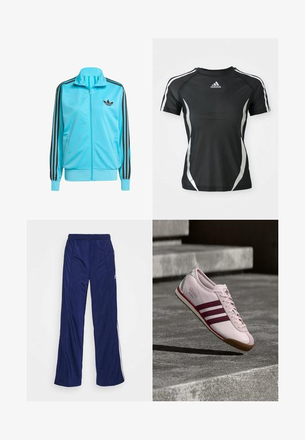 Blå zip-up jakke lavet af glat polyester, med brune tre-stribes detaljer på ærmerne og et diskret logo på brystet.; Sort Adidas atletisk T-shirt med korte ærmer, hvide striber på skuldrene og sølvfarvede buede detaljer på siderne.; Marineblå træningsbukser med elastisk talje, lige ben og sidelommer med lynlås. Har hvid piping langs siderne. Glat stofstruktur.; Lyserød lædersneaker med mørkerøde striber, gummisål og sølvfarvede detaljer. Tekstureret overdel med klassisk Adidas-logo.