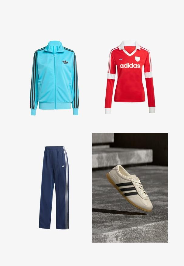 Blauwe ritsjas van soepel polyester, met bruine drie-streepdetails op de mouwen en een subtiel logo op de borst.; Rode lange mouwen voetbalshirt met een witte kraag en manchetten. Heeft drie witte strepen op de schouders en het "adidas" logo prominent weergegeven.; Donkerblauwe Adidas trainingsbroek met witte drie strepen langs de zijkanten, elastische tailleband, ritssluiting in de zak en Adidas trefoil-logo op de linker dij.; Witte sneaker met zwarte strepen en rubberen zool zwevend boven betonnen trap in zacht daglicht.