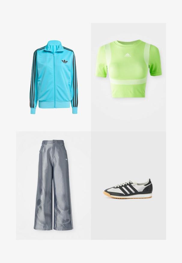 Modrá zapínacia bunda vyrobená z hladkého polyesteru, s hnedými trojpruhovými detailmi na rukávoch a jemným logom na hrudi.; Zkrátené atletické tričko v jasne zelenej farbe. Má krátke rukávy, okrúhly výstrih a biely diagonálny pruhový vzor na pleciach. Logo adidas na prednej strane.; Široké nohavice z lesklého šedého materiálu, s bielymi bočnými pruhmi a plamenným vzorom na dolnej časti nohavíc. Zapínanie na gombík a zips v páse.; Čierno-biela športová obuv s sieťovaným zvrškom, tromi čiernymi pruhmi, textúrovanou tkaninou a podrážkou z gumovej gumy.