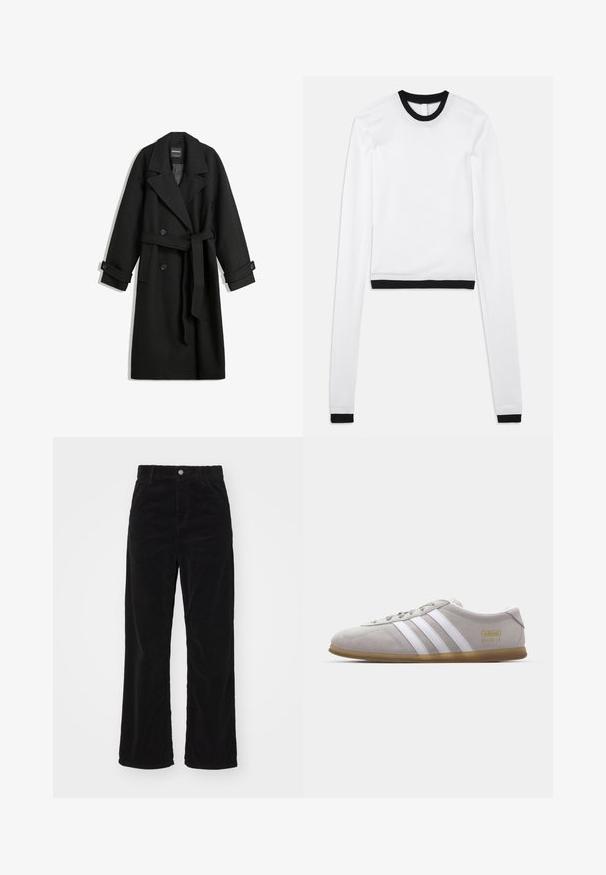 Schwarzer Wollmischungs-Mantel mit einem doppelt breiten Design, großen Revers, seitlichen Taschen und einem gebundenen Gürtel in der Taille. Mit Knopf-Akzenten.; Weißes langärmliges Crop-Top mit schwarzem, geripptem Rundhalsausschnitt und passenden schwarzen Akzenten an den Ärmeln. Glatter, elastischer Stoff.; Schwarze Cord-weitbeinige Hose mit hoher Taille, ausgestattet mit einem vorderen Knopf- und Reißverschluss und einem vertikalen Rillenmuster.; Graue Wildleder-Sneaker mit weißen Lederstreifen und goldenen Logodetails. Flache Gummisohle, abgerundete Zehenpartie und klassisches Schnürverschlussdesign.
