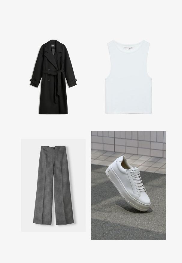 Zwart wollen bloatmix met een dubbelrijg ontwerp, grote revers, zijzakken en een strikceintuur in de taille. Bevat knoopaccenten.; Witte mouwloze crop top met ronde hals, gemaakt van gladde stof, met Pull&Bear-label, geschikt voor casual wear.; Grijze wijde broek met een streepjespatroon, voorzien van een knoopsluiting en twee voorkleppen. Gemaakt van gestructureerde stof.; Witte leren sneaker met een low-top ontwerp, platte veters, ronde neus en textuur zijden. Dikke rubberen zool met subtiele accenten.