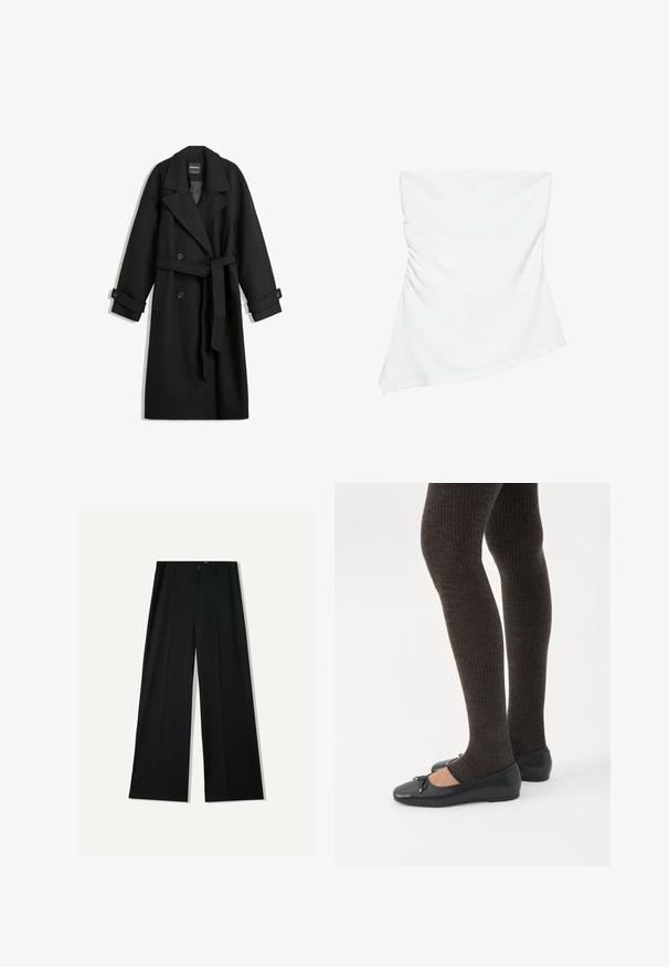 Zwart wollen bloatmix met een dubbelrijg ontwerp, grote revers, zijzakken en een strikceintuur in de taille. Bevat knoopaccenten.; Witte asymmetrische top zonder bandjes met lichte plooidetails aan één kant, aangesloten stijl, strak en minimalistisch ontwerp.; Bershka WIDE - Broek - black; Benen met donkere geribbelde leggings gecombineerd met zwarte ballerina's met kleine strikdetails op een witte achtergrond.