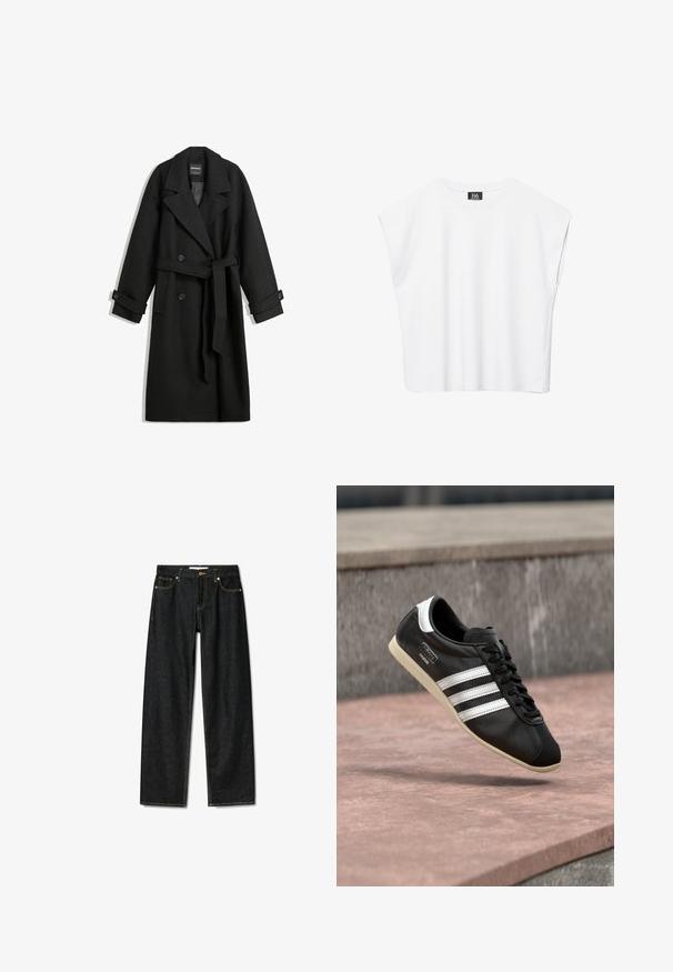 Schwarzer Wollmischungs-Mantel mit einem doppelt breiten Design, großen Revers, seitlichen Taschen und einem gebundenen Gürtel in der Taille. Mit Knopf-Akzenten.; Weißes ärmelloses Crop-Top mit Rundhalsausschnitt, breiten Schultern und schwarzem "B6"-Etikett an der Innenseite des Kragens.; Dunkelblaue Jeans mit geradem Schnitt, Messingknopfverschluss und kontrastierenden gelben Nähten. Verfügt über fünf Taschen und eine klassische Passform.; Schwarzer Ledersneaker mit weißen Streifen und Sohle, geschnürt, schwebt über einer rosa gefärbten Betontfläche vor einer grauen Steinmauer im Hintergrund.
