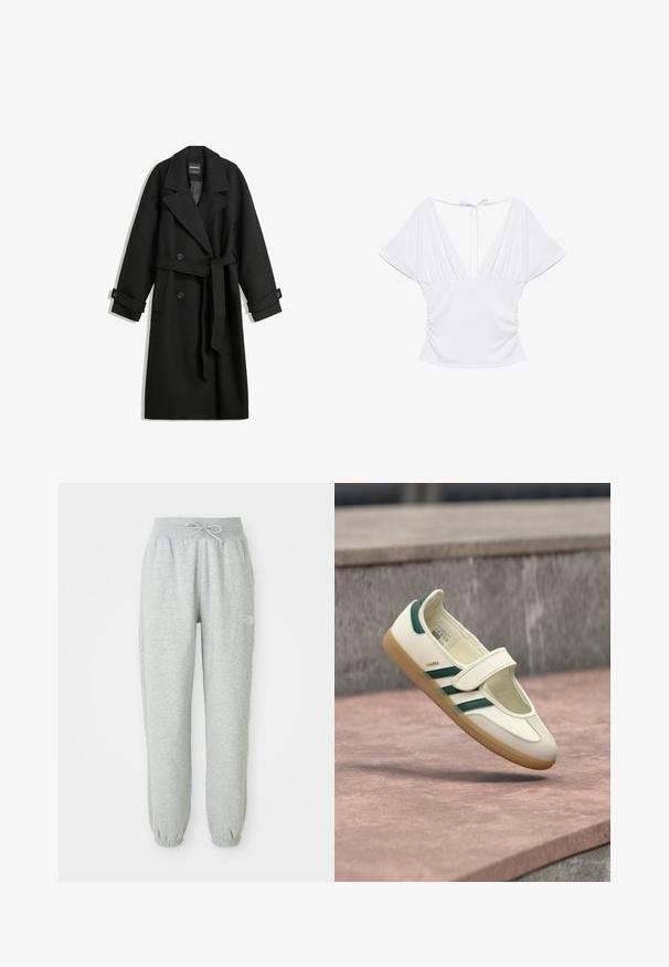 Zwart wollen bloatmix met een dubbelrijg ontwerp, grote revers, zijzakken en een strikceintuur in de taille. Bevat knoopaccenten.; Witte blouse met korte mouwen, diepe V-hals, geplooide zijkanten en dunne striksluiting aan de achterkant van de halslijn.; Grijze sweatpants met een elastische tailleband en trekkoord. De stof is zacht, met elastische boorden bij de enkels en een logodetail.; Witte leren schoen met groene strepen, ronde neus, vastgemaakt met een bandje. Gumzool, minimalistisch ontwerp, verhoogde stiksels langs de bovenranden.