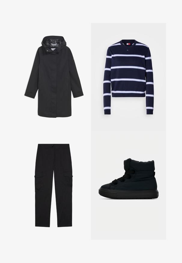 Sort vandtæt jakke med hætte, trykknaplukning, to sidelommer og en glat inderside. Har en lige pasform og lange ærmer.; Marineblå stribet sweater med horisontale hvide striber, ribbet rund halsudskæring og tætsiddende ærmer. Fremstillet af et blødt strikket stof.; Sorte cargo bukser med lige ben, knaplukning og klaplommer på hver lår.; Sorte høje sneakers med en polstret nylon overdel, struktureret gummisål og flade snørrebånd. Har en polstret ankel for støtte.