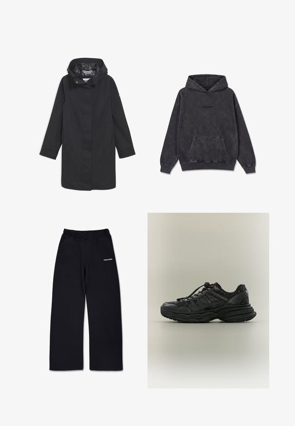 Veste noire imperméable avec capuche, fermeture à boutons-pression, deux poches latérales et doublure intérieure lisse. Présente une coupe droite et des manches longues.; Sweat à capuche gris charbon avec poche kangourou frontale, poignets et bas côtelés, logo embossé subtil sur la poitrine.; Pantalon de survêtement noir avec un taille élastique, doté de poches latérales et d'un petit logo blanc sur le côté gauche. Tissu doux, conception à jambe droite.; Baskets noires épaisses avec motifs floraux, semelle épaisse texturée et fermeture à lacets avec bouton-pression, présentées de profil sur un fond uni.