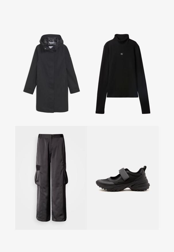 Sort vandtæt jakke med hætte, trykknaplukning, to sidelommer og en glat inderside. Har en lige pasform og lange ærmer.; Sort ribstrikket bluse med lange ærmer og lille firkantet Calvin Klein-logo placeret centralt på brystet.; Sorte cargobukser lavet af glat stof, med vide ben, store sidelommer og en flad taljekant med detaljer.; Sort atletisk Mary Jane-stil sko med tyk sål med mønster, justerbar rem over toppen og en trækflig ved hælen.