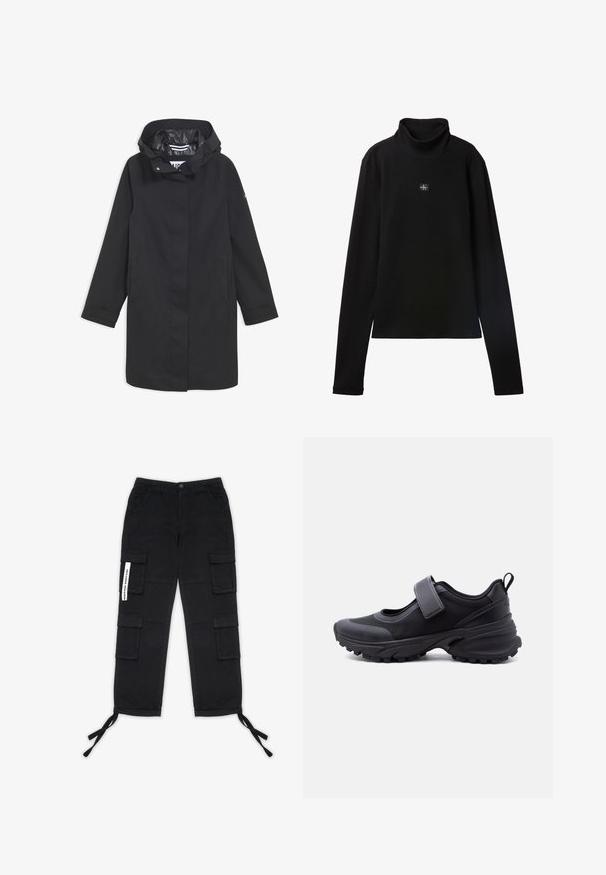 Sort vandtæt jakke med hætte, trykknaplukning, to sidelommer og en glat inderside. Har en lige pasform og lange ærmer.; Sort ribstrikket bluse med lange ærmer og lille firkantet Calvin Klein-logo placeret centralt på brystet.; Pegador TANAMI WIDE PANTS - Cargobukser - black; Sort atletiksko med robust sål, justerbar rem over toppen og trække-øje ved hælen, vist i sideprofil mod hvid baggrund.
