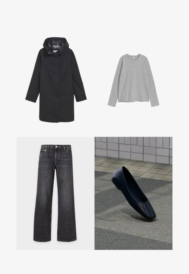 Veste noire imperméable avec capuche, fermeture à boutons-pression, deux poches latérales et doublure intérieure lisse. Présente une coupe droite et des manches longues.; T-shirt gris à manches longues avec un col rond, fabriqué dans un textile doux. Comprend un ourlet droit et des détails de couture minimalistes.; EB Denim LOW RISE - Jean droit - grey denim; Chaussure plate en cuir noir debout sur une surface asphaltée près du bord d'un trottoir carrelé.