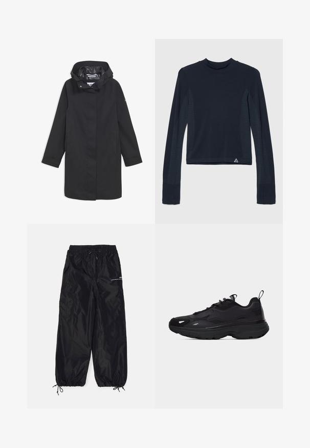 Veste noire imperméable avec capuche, fermeture à boutons-pression, deux poches latérales et doublure intérieure lisse. Présente une coupe droite et des manches longues.; Haut à manches longues en navy avec une texture côtelée, présentant des accents à pois le long des manches et un col haut. Logo de la marque en bas à gauche.; Pantalons cargo noirs en nylon brillant avec une taille élastique, cordon de serrage réglable, poches latérales et poignets élastiques.; Baskets athlétiques noires avec semelle épaisse, tige texturée, panneaux latéraux, lacets et languettes de traction sur la languette et le talon.