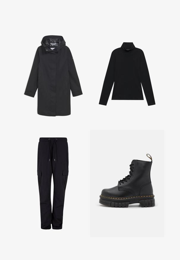 Sort vandtæt jakke med hætte, trykknaplukning, to sidelommer og en glat inderside. Har en lige pasform og lange ærmer.; Sort turtleneck med lange ærmer. Blødt stof, tætsiddende design, høj krave og sidesøm. Simpel og alsidig stil, der er velegnet til lag-på-lag.; Sorte cargo bukser lavet af blødt stof, med en elastisk talje og snore, samt sidelommer. Lige ben-design.; Sort læder snørre støvle med en kraftig sål, gul syning, rund tå og en træksløjfe bagpå for nem påtagning.