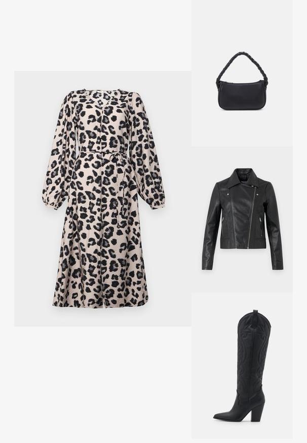 Chaqueta corta de cuero negro con cuello, diseño ajustado, detalles de costura y puños con cremallera. Textura suave, estilo clásico de motocicleta.; Vestido de estampado de leopardo en beige con manchas negras, de largas mangas abullonadas, cinturón atado a la cintura y falda acampanada hasta la rodilla. Textura de tela suave.; Zign by Zalando LEATHER - Botas camperas - black; Bolso negro de forma redondeada, hecho de material liso. Presenta un asa trenzada y un cierre de cremallera para un almacenamiento seguro.