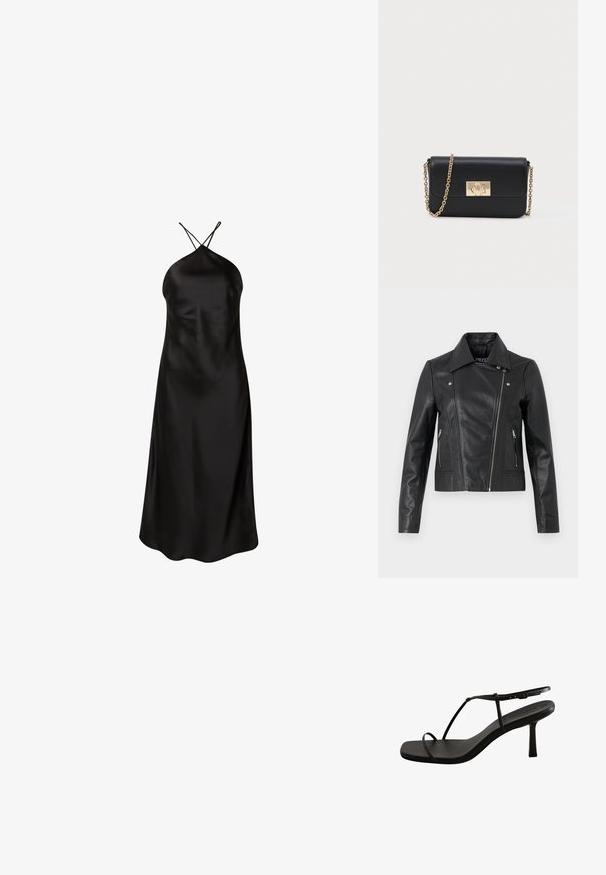 Zwarte leren cropped jas met een kraag, getailleerd ontwerp, naaddetails en ritsmanchetten. Gladde textuur, klassieke motorstijl.; Zwarte satijnen halternekjurk met een aansluitende lijfje, een vloeiende silhouet en zijsplitten voor bewegingsgemak. Dunne kruislings loper op de rug.; Zwarte sandaal met hak, voorzien van een vierkante neus en smalle bandjes. Heeft een taps toelopende, middelhoge hak en een gladde, matte afwerking.; Zwarte leren schoudertas met gouden kettingband en rechthoekige gouden sluiting aan de voorkant, tegen een effen lichte achtergrond.