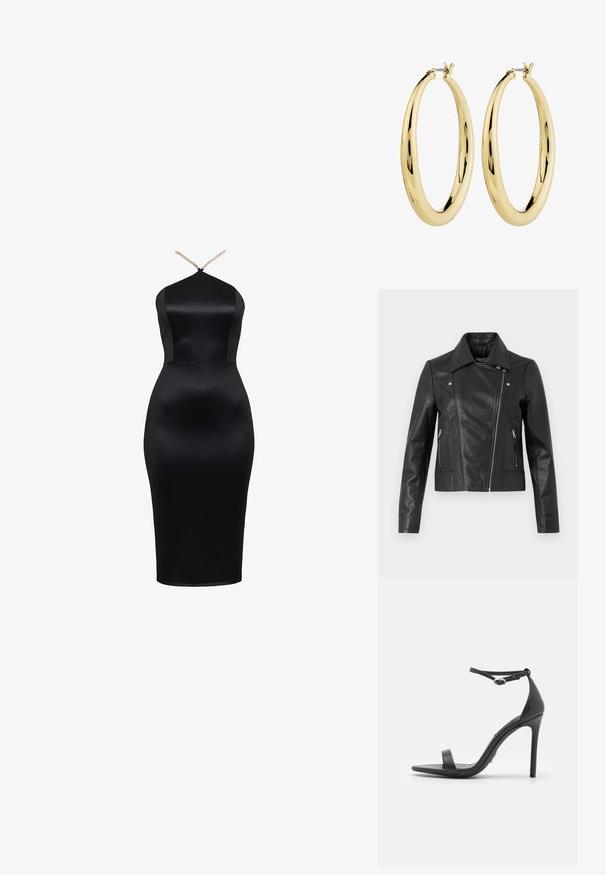 Sort læder cropped jakke med krave, tætsiddende design, syninger og lynlåse ved manchetterne. Glat tekstur, klassisk motorcykelstil.; Sort satin midi-kjole med halterneck-design, der har en glat tekstur og sidepaneler for en tætsiddende silhuet samt justerbare stropper.; Sorte højhælede sandaler med åben tå, tynde stropper og spænde om anklen. Glat lædertekstur med spidse tådesign.; Guld hoops øreringe med en glat, poleret overflade. Cirkelformet, med en sikker lås på toppen. Overfladen reflekterer lys.