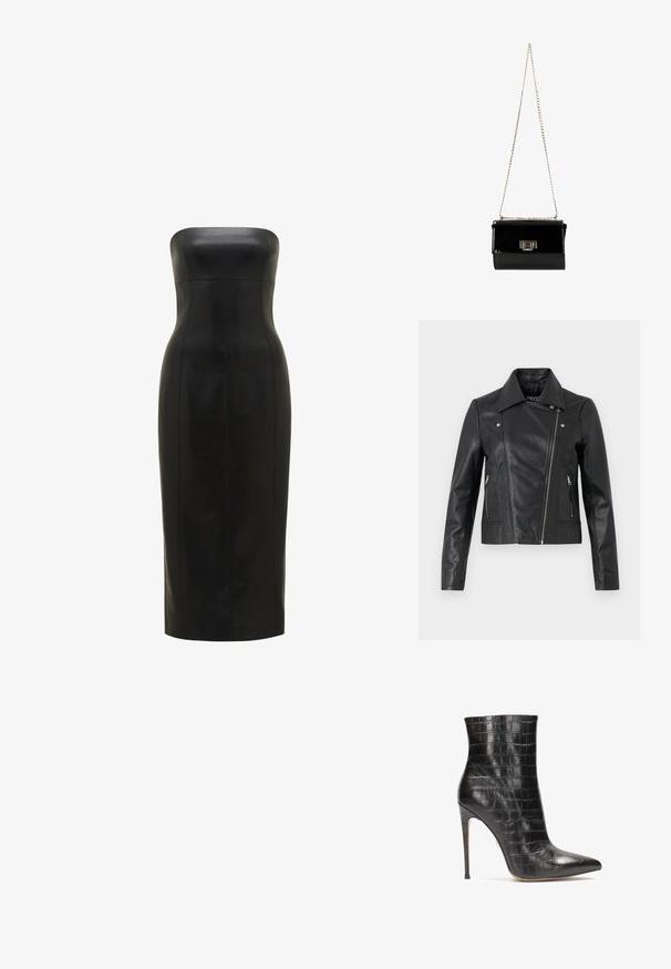 Zwarte leren cropped jas met een kraag, getailleerd ontwerp, naaddetails en ritsmanchetten. Gladde textuur, klassieke motorstijl.; Zwarte, strapless leren jurk met een getailleerde silhoutte, knie-lang, gladde textuur en verticale naden voor definitie.; Zwarte leren enkelboots met een krokodillenstructuur, puntige neus en een hoge stilettohak, met een glanzende afwerking.; Zwarte gepatineerde leren handtas met een gouden schouderband, rechthoekige vorm, voorzien van een flapsluiting aan de voorkant en een metallic logo accent.