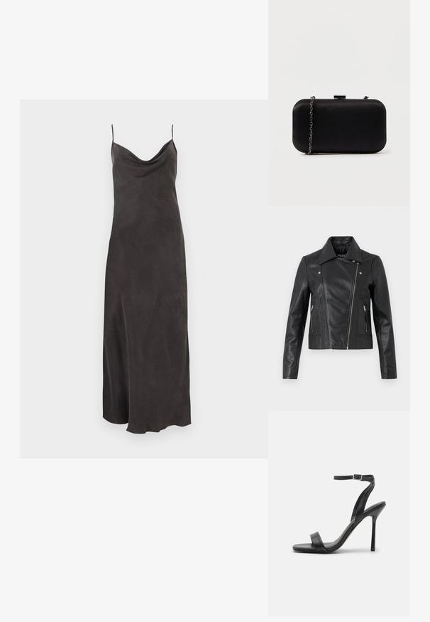 Sort læder cropped jakke med krave, tætsiddende design, syninger og lynlåse ved manchetterne. Glat tekstur, klassisk motorcykelstil.; Sort satin natkjole med tynde spaghetti-stropper og en draperet halsudskæring, flydende til ankellængde.; Sort højhælet sandal med en slank ankelrem og to forreste bånd. Lavet af glat læder med en slank spids tå og stilettohæl.; Sort rektangulær clutch lavet af glat materiale. Har en aftagelig kædestropp og en metallisk clasp på toppen. Enkel design med afrundede kanter.