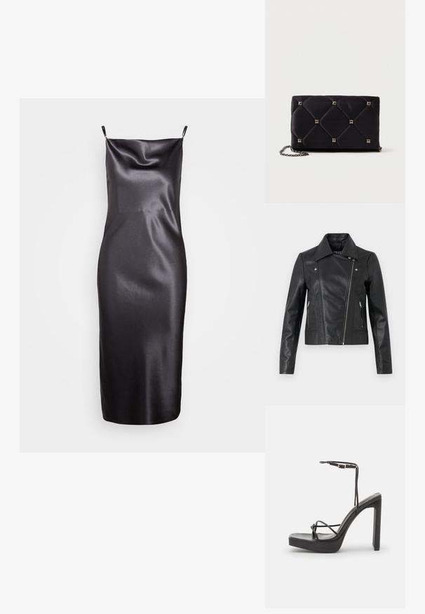 Zwarte leren cropped jas met een kraag, getailleerd ontwerp, naaddetails en ritsmanchetten. Gladde textuur, klassieke motorstijl.; Samsøe Samsøe FREDERICKA LONG DRESS - Cocktailjurk - ombre dark; DeeZee Sandalen met hoge hak - black; Zwarte gewatteerde satijnen clutch met zilveren piramide studs, kettingriem, rechthoekige vorm en een gladde textuur. Afmetingen van 10 cm x 18 cm x 4 cm.