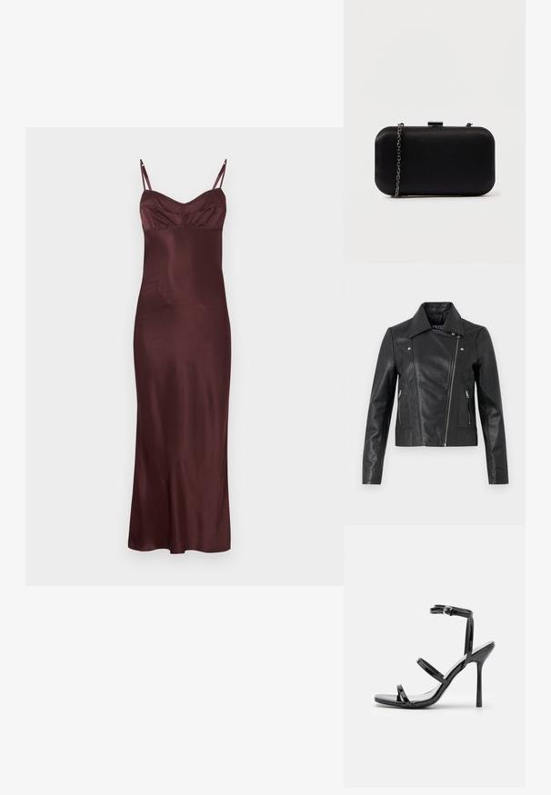 Chaqueta corta de cuero negro con cuello, diseño ajustado, detalles de costura y puños con cremallera. Textura suave, estilo clásico de motocicleta.; Vestido sin mangas de satén burdeos hasta el suelo, con tirantes finos y ajustables y busto entallado con detalles sutiles de costuras.; Sandalias de tacón alto de charol negro con tres tiras horizontales y una correa en el tobillo ajustable. Silueta elegante y acabado brillante.; Clutch rectangular negro hecho de material suave. Cuenta con una correa de cadena desmontable y un cierre metálico en la parte superior. Diseño simple con bordes redondeados.