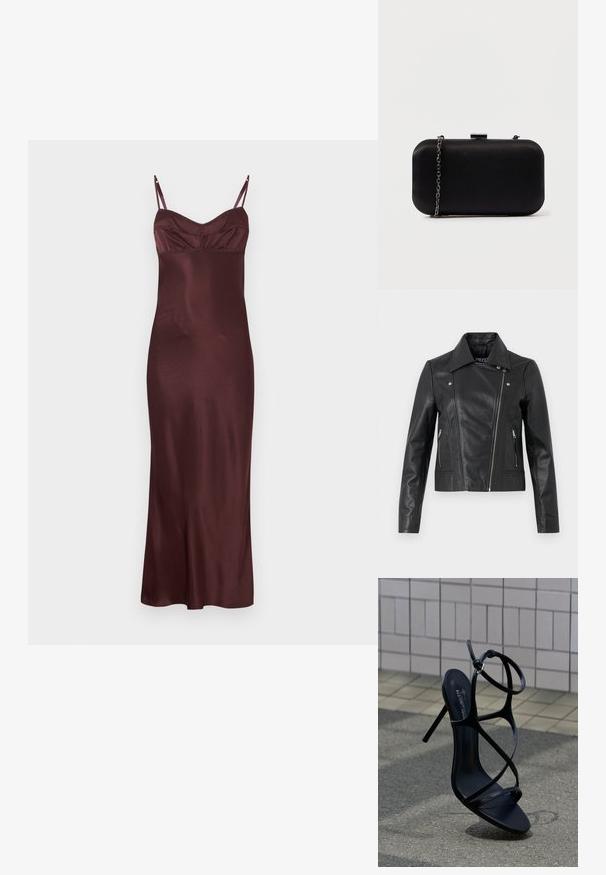Zwarte leren cropped jas met een kraag, getailleerd ontwerp, naaddetails en ritsmanchetten. Gladde textuur, klassieke motorstijl.; Mouwloze, vloerlangse satijnen jurk in bordeauxrood met dunne verstelbare bandjes en een aansluitende bustier met subtiele naden.; Zwarte hoge hak sandaal met dunne bandjes en enkelriem, rechtop geplaatst op grijs trottoir bij een achtergrond van betegelde muur.; Zwarte rechthoekige clutch van glad materiaal. Beschikt over een afneembare kettingriem en een metalen vergrendeling bovenop. Eenvoudig ontwerp met afgeronde hoeken.