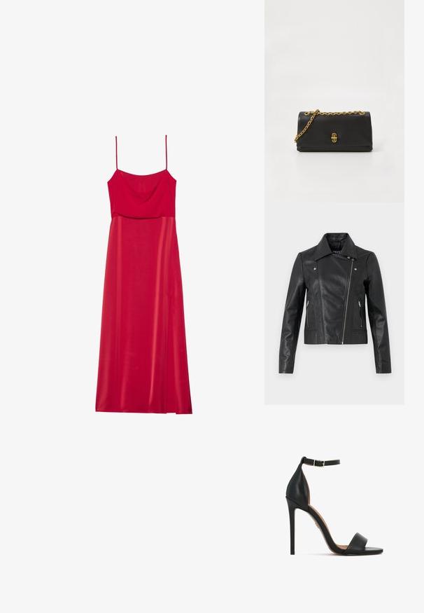 Zwarte leren cropped jas met een kraag, getailleerd ontwerp, naaddetails en ritsmanchetten. Gladde textuur, klassieke motorstijl.; Rode satijnen slipdress met verstelbare dunne bandjes, gedrapeerde lijfje en een zijsplit voor extra detail. Soepele textuur en elegante silhoeët.; Zwarte leren sandaal met hoge hak, smalle enkelriem, open hielontwerp en een slanke naaldhak. Soepele textuur met minimale accenten.; Zwart leren clutch met een gouden schouderband en gouden sluiting, voor een effen witte achtergrond.
