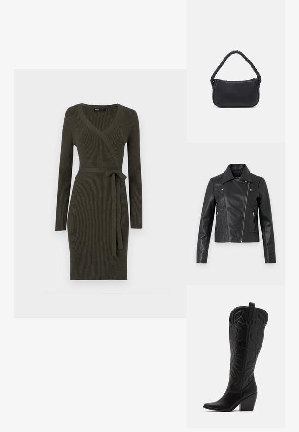 Chaqueta corta de cuero negro con cuello, diseño ajustado, detalles de costura y puños con cremallera. Textura suave, estilo clásico de motocicleta.; Vestido de canalé verde oscuro con escote en V, mangas largas y cinturón de lazo en la cintura. Confeccionado en una tela de punto texturizada.; Botas negras de cuero hasta la rodilla con punta puntiaguda y tacón apilado. Presentan costuras decorativas y elementos de diseño curvados.; Bolso negro de forma redondeada, hecho de material liso. Presenta un asa trenzada y un cierre de cremallera para un almacenamiento seguro.