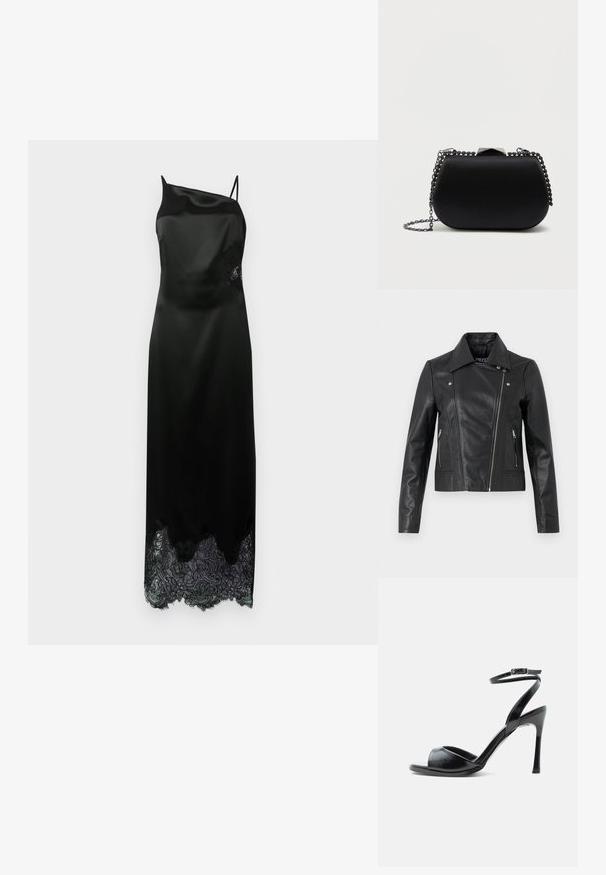 Chaqueta corta de cuero negro con cuello, diseño ajustado, detalles de costura y puños con cremallera. Textura suave, estilo clásico de motocicleta.; Vestido de satén negro con una sola tirante, con un dobladillo de encaje ondulado y detalle de encaje floral en el costado. Textura suave en toda su extensión.; Sandalia negra de tacón alto con puntera abierta, tacón de aguja delgado y correa en el tobillo con hebilla sobre fondo blanco.; Bolso de mano negro con un acabado mate suave, forma redondeada y una correa de cadena plateada. Presenta un detalle de cierre geométrico en la parte superior.