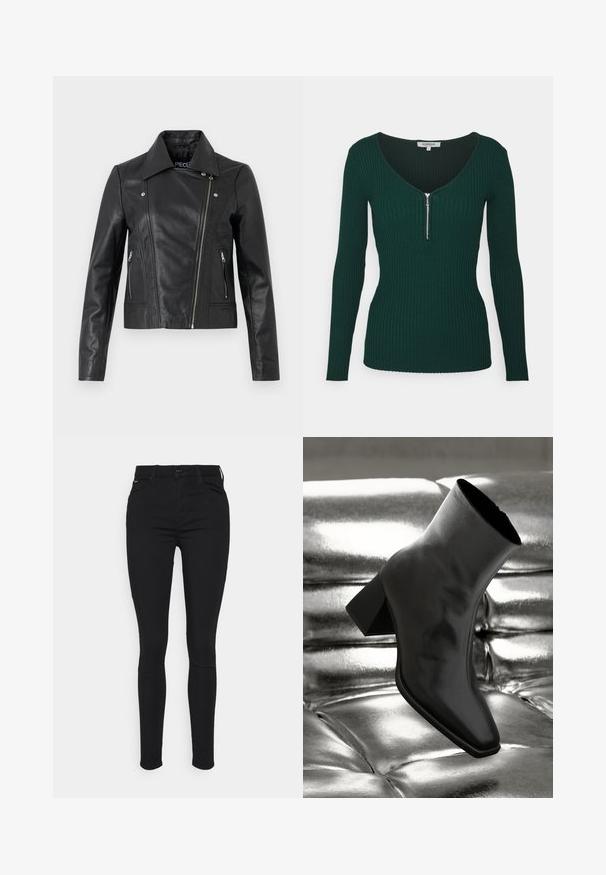 Schwarze Lederjacke im Cropped-Design mit Kragen, taillierter Passform, Nähdetails und Reißverschlussärmel. Glatte Textur, klassischer Motorradstil.; Morgan MALIKO - Strickpullover - vert sapin; Schwarze Skinny-Jeans mit hohem Bund. Hergestellt aus dehnbarem Material, mit einer glatten Oberfläche, Fünf-Taschen-Design und Reißverschluss.; Schwarzer Knöchelstiefel aus glänzendem Material mit quadratischer Zehenform und verjüngtem Absatz, vor einem glänzenden silbernen gepolsterten Hintergrund.