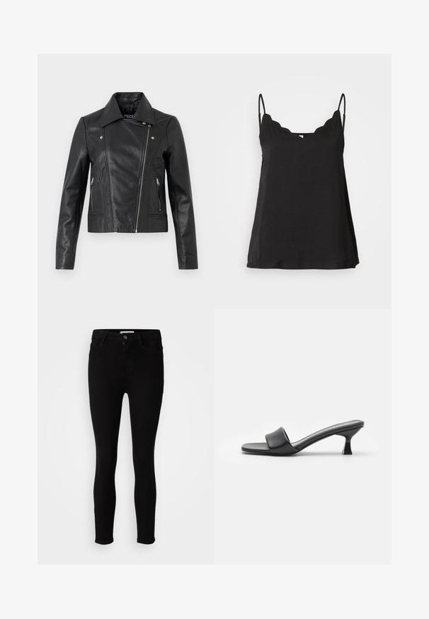 Chaqueta corta de cuero negro con cuello, diseño ajustado, detalles de costura y puños con cremallera. Textura suave, estilo clásico de motocicleta.; Top de tirantes finos en color negro con borde festoneado, de textura suave y corte holgado. Presenta un escote ligeramente curvado y un diseño simple.; Jeans ajustados negros con cierre de botón y cremallera, bolsillos frontales y traseros, exhibidos sobre un fondo blanco neutral.; Mules negros con tacón, de parte superior de cuero mate y suave, puntera abierta, banda ancha en el empeine y tacón cuadrado y delgado.