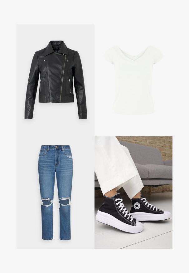 Veste cropped en cuir noir avec col, design ajusté, détails de couture et poignets zippés. Texture lisse, style classique de moto.; Haut blanc à manches courtes avec un design croisé en V, fabriqué dans un tissu lisse. Il présente une silhouette ajustée et un ourlet net.; American Eagle MOM - Jean slim - cool classic; Baskets montantes noires avec semelles et lacets en caoutchouc blanc. Dotées d'un patch logo rond et de surpiqûres blanches contrastantes. Matière en toile.
