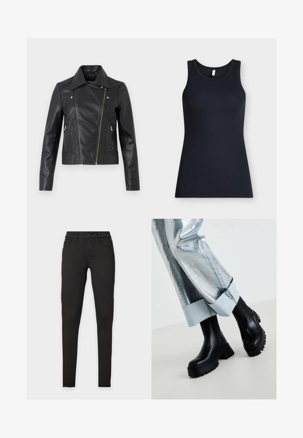 Zwarte leren cropped jas met een kraag, getailleerd ontwerp, naaddetails en ritsmanchetten. Gladde textuur, klassieke motorstijl.; Zwarte mouwloze geribbelde tanktop met ronde hals, plat gelegd tegen een lichte achtergrond.; Zwarte slim-fit jeans met knoop en rits aan de voorkant, vijf zakken en lussen voor een riem, afgebeeld op een effen lichte achtergrond.; Zwarte chunky enkelboots met textuurzolen, gedragen met zilverkleurige metallic broek met een lichte denim omslag. Minimalistisch ontwerp, strakke materialen.