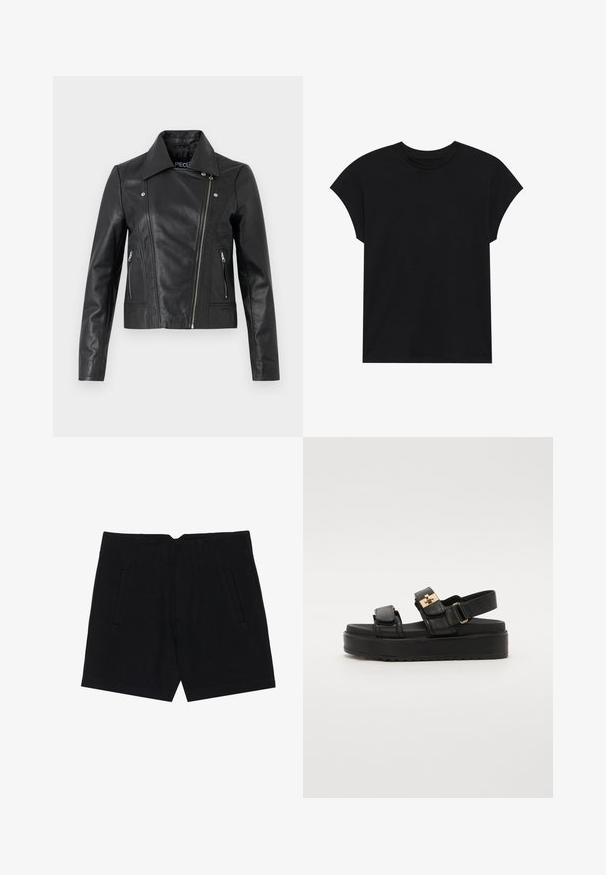 Zwarte leren cropped jas met een kraag, getailleerd ontwerp, naaddetails en ritsmanchetten. Gladde textuur, klassieke motorstijl.; Zwarte katoenen t-shirt met een ronde hals, korte mouwen en een comfortabele pasvorm. Soepele structuur en geen zichtbare patronen of versieringen.; Zwarte shorts van een gladde stof, met zijzakken, een getailleerde pasvorm en gestikte plooien aan de voorkant voor een nette silhouet.; Zwarte platform sandalen met twee verstelbare banden, hardware in goudkleur en een gestructureerde zool. Gemaakt van soepel leer met een slank ontwerp.