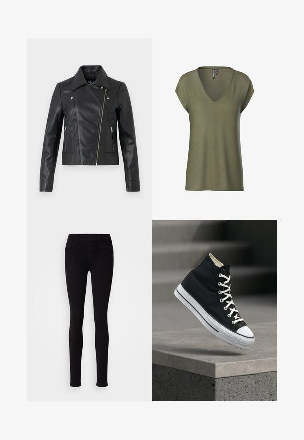 Chaqueta corta de cuero negro con cuello, diseño ajustado, detalles de costura y puños con cremallera. Textura suave, estilo clásico de motocicleta.; Top verde oliva de manga corta con cuello en V y ajuste holgado, mostrado de frente sobre un fondo blanco.; Pantalones negros ajustados con cierre de botón, presillas para cinturón y bolsillos frontales, exhibidos sobre un fondo liso claro.; Zapatilla negra de caña alta con cordones blancos y suela de goma, equilibrada en el borde de una plataforma de hormigón gris.