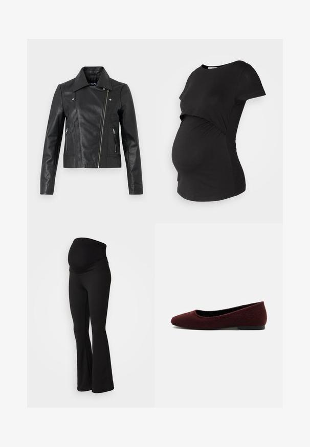 Sort læder cropped jakke med krave, tætsiddende design, syninger og lynlåse ved manchetterne. Glat tekstur, klassisk motorcykelstil.; Sort graviditets T-shirt med korte ærmer, med et lagdelt frontdesign og et strækbart stof, der tilpasser sig en voksende mave.; Sorte graviditetsleggings med bred, strækbar talje, flagrende design og blød stofstruktur, der er velegnet til komfort og støtte.; Burgundy damesko med rundet tå og tekstureret stof, lav sort sål, vist fra siden på hvid baggrund.