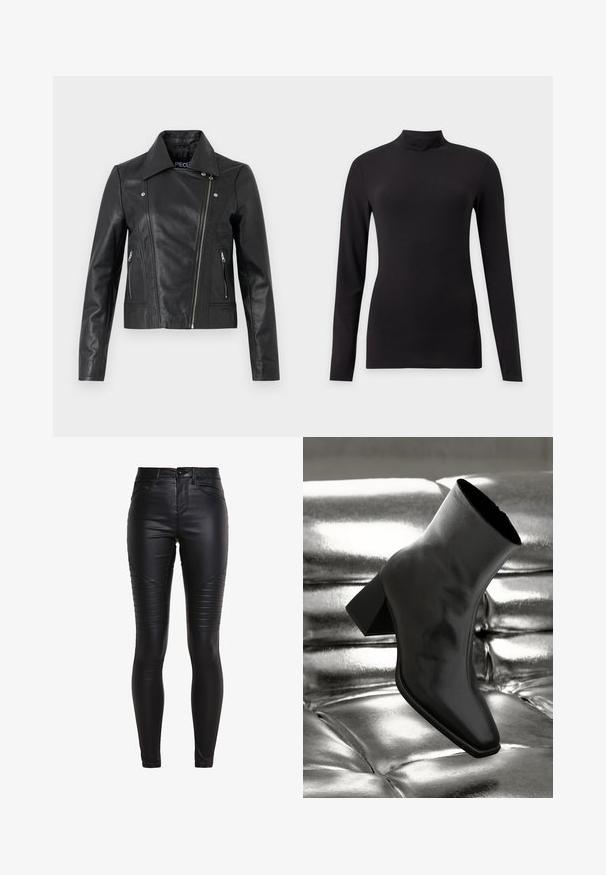 Zwarte leren cropped jas met een kraag, getailleerd ontwerp, naaddetails en ritsmanchetten. Gladde textuur, klassieke motorstijl.; Zwarte aansluitende top met lange mouwen en een opstaande kraag, getoond op een effen lichtgrijze achtergrond.; Zwarte neplederen skinny broeken met gestikte paneeldetails, hoge taille en een gladde textuur. Voorzien van een ritsopening en voorzakken.; Zwarte enkellaarsjes van glanzend materiaal met een vierkante neus en taps toelopende hak, afgezet tegen een glanzende zilveren gecapitonneerde achtergrond.