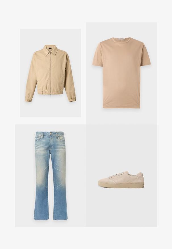 Veste beige zippée avec col pointu, poches latérales à boutons-pression, poignets élastiques et ourlet élastique sur un fond uni.; T-shirt beige à manches courtes avec col rond, ourlet droit et petite étiquette de marque à l'intérieur du col.; Jean évasé en denim bleu clair avec une finition délavée, design à cinq poches, fermeture par bouton en métal et ourlets droits.; Baskets en daim beige avec un bout rond, des lacets plats et une semelle en caoutchouc texturé. Design minimaliste avec des bords lisses et des coutures discrètes.