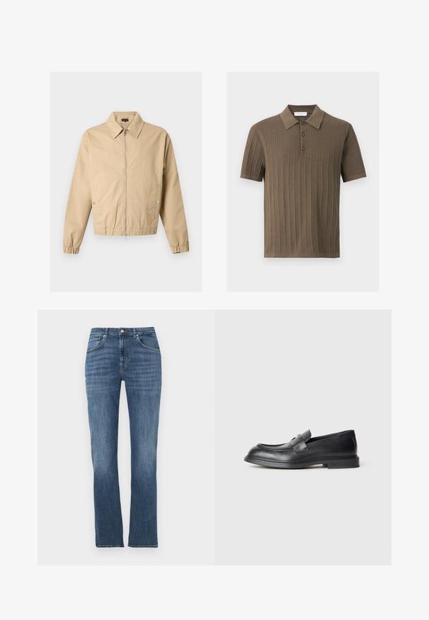 Veste beige zippée avec col pointu, poches latérales à boutons-pression, poignets élastiques et ourlet élastique sur un fond uni.; Polo en maille manches courtes vert olive avec texture côtelée verticale et patte à trois boutons.; Jean denim bleu à jambes droites avec poches avant, fermeture à boutons et léger effet délavé sur les cuisses et les genoux.; Mocassins en cuir noir avec une finition texturée, dotés d'une bride décorative à l'avant et d'un bout arrondi. Semelle en caoutchouc pour plus de durabilité.