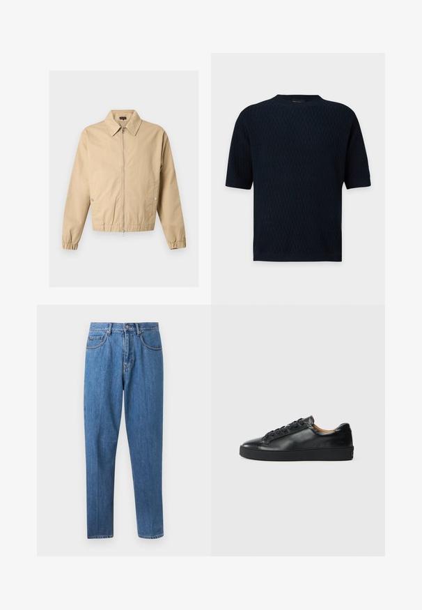 Veste beige zippée avec col pointu, poches latérales à boutons-pression, poignets élastiques et ourlet élastique sur un fond uni.; Haut tricoté bleu marine foncé à manches courtes avec motif zigzag texturé et encolure ronde, poignets et ourlet côtelés.; Jean droit en denim bleu avec fermeture à boutons et zip, poches avant et passants de ceinture, présenté sur fond blanc.; Baskets en cuir noir avec une texture lisse, bout rond et fermeture à lacets. Comprend une semelle en caoutchouc épaisse et un minimum de détails de marque.