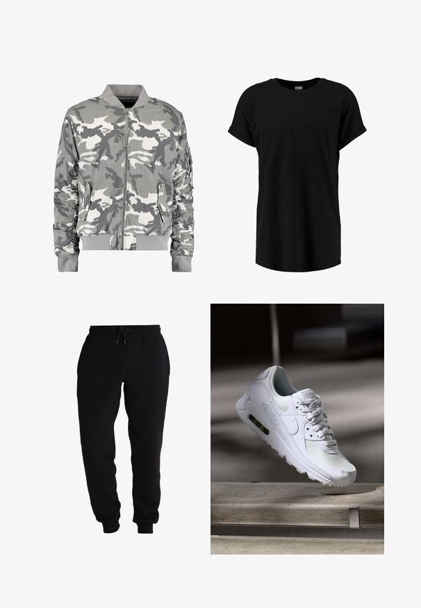 Καμουφλάζ bomber jacket σε αποχρώσεις του γκρι και του λευκού, με φερμουάρ μπροστά, ριμπ κολάρο και πλευρικές τσέπες με μαζεμένα μανίκια.; Μαύρο κοντομάνικο μπλουζάκι σε χαλαρή γραμμή. Φτιαγμένο από μαλακό ύφασμα με στρογγυλή λαιμόκοψη και τυλιγμένα μανίκια. Λείος υφή, χωρίς σχέδια.; Μαύρες φόρμες από μαλακό ύφασμα, με ελαστική μέση και κορδόνι, στενές μπατζάκια και πλαϊνές τσέπες.; Λευκό αθλητικό παπούτσι Nike Air Max 90 με άνω μέρος από διχτυωτό και δερμάτινο υλικό, τρυπητό μπροστινό μέρος και ορατή μονάδα αέρα στη φτέρνα.