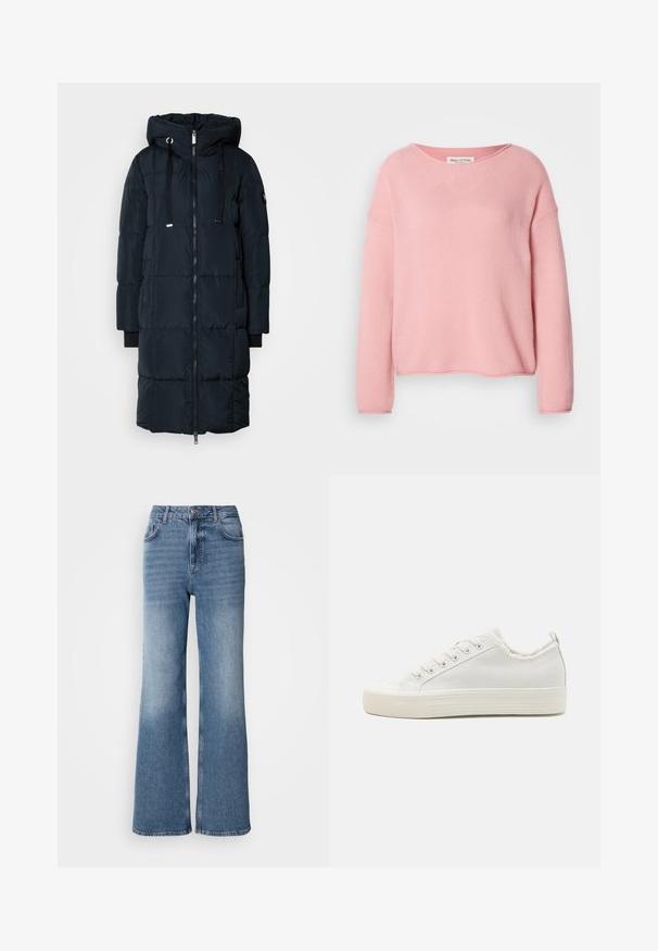 Mos Mosh MMNOVA SQUARE DOWN COAT - Manteau en duvet - navy; Pull rose clair à coupe décontractée, texture côtelée, col large et manches longues. Design minimaliste sans ornements supplémentaires.; Mos Mosh MAI - Jean droit - blue wash; Baskets en toile blanches avec une tige texturée, bout rond, semelle plate et laçage à l'avant. Présentent un col légèrement effiloché et une languette.
