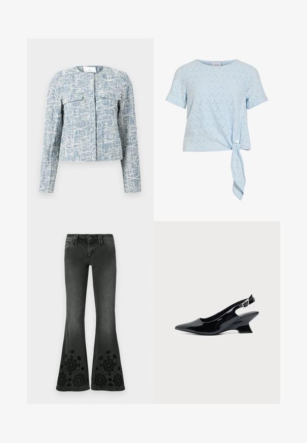 Veste bleu clair texturée avec broderie florale abstraite blanche, manches longues, poches avant et encolure ronde.; Blouse bleu clair à manches courtes avec motif ajouré et nœud à nouer sur le côté de l'ourlet, encolure ronde et coupe décontractée.; Jeans noirs évasés avec une finition délavée ; ornés de motifs floraux brodés en noir à l'ourlet ; tissu en denim à texture lisse.; Chaussure slingback en cuir verni noir avec bout pointu et petit talon bloc incliné sur fond clair uni.
