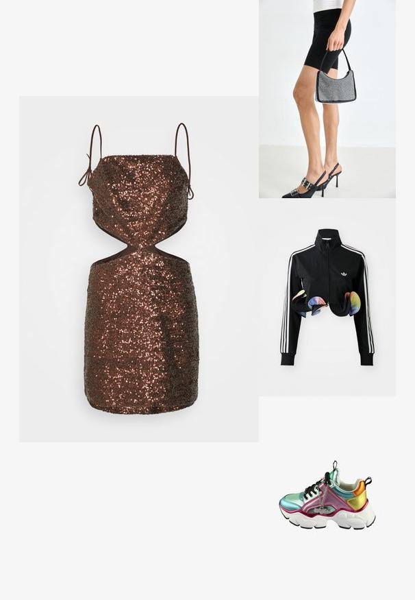 Zwarte zip-up jas met hoge kraag, witte zijstrepen en kleurrijke gerimpelde accenten aan de onderrand. Gemaakt van glad, rekbaar materiaal.; ROKH CUT OUT MINI DRESS - Cocktailjurk - brown; Multikleur sneaker met een glanzende bovenkant, bestaande uit een mix van mintgroen, roze en goud. Stevige witte zool met zwarte accenten en kettingdetail.; Zwarte beaded handtas met een gebogen silhouet, draaghandvat en glanzende textuur. Draagt bij hoge zwarte hakken en strakke zwarte shorts.
