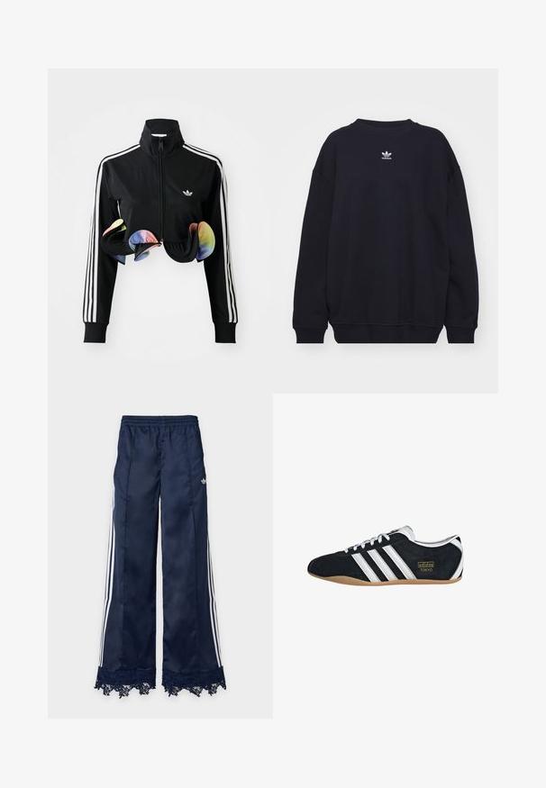 Zwarte zip-up jas met hoge kraag, witte zijstrepen en kleurrijke gerimpelde accenten aan de onderrand. Gemaakt van glad, rekbaar materiaal.; Zwarte sweatshirt gemaakt van een katoenmix, met een geribbelde ronde hals en manchetten, en een klein wit Adidas-logo centraal op de borst.; Marineblauwe trainingsbroek met wijde pijpen, witte zijstrepen, elastische tailleband, adidas-logo op de heup en kantafwerking aan de zoom.; Zwarte suède sneaker met witte drie strepen, gouden logo en een bruine rubberen zool. Heeft een laag profiel vetersluiting ontwerp.