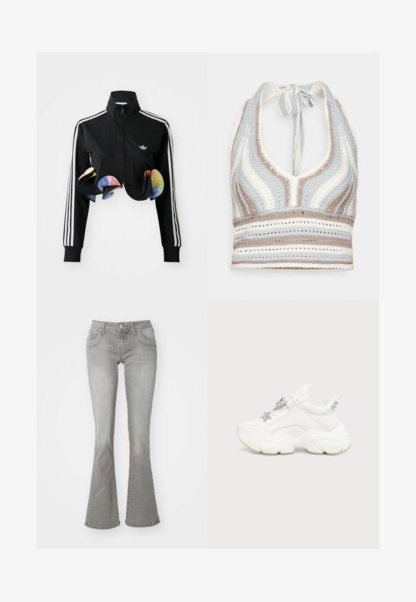 Zwarte zip-up jas met hoge kraag, witte zijstrepen en kleurrijke gerimpelde accenten aan de onderrand. Gemaakt van glad, rekbaar materiaal.; Haken haltertop met lichtblauwe, beige en witte strepen, een diepe V-halslijn en een strik aan de achterkant. Open geweven textuur door het hele ontwerp.; Grijze flared jeans met een middelhoge taille, voorkzakken en een knoopsluiting, gemaakt van denim stof met een gladde structuur.; Witte chunky sneaker met dikke, getextureerde zool, zilveren ster en vlinderdecoraties op witte veters, en zilveren studs op de hieltab.