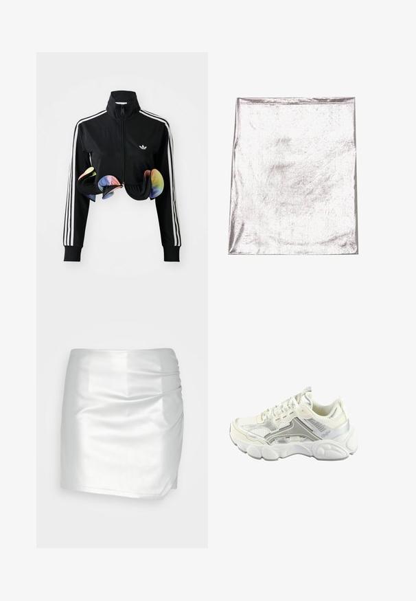 Zwarte zip-up jas met hoge kraag, witte zijstrepen en kleurrijke gerimpelde accenten aan de onderrand. Gemaakt van glad, rekbaar materiaal.; Metaalachtig zilverkleurig stof met een gladde textuur en een lichte glans. Rechthoekige vorm, randen netjes gestikt, geen opvallende patronen of accenten.; Even&Odd Shorts - silver; Witte sportieve schoen met zilveren accenten, bovenwerk van mesh, gevoerde zool en textuurpatronen. Heeft veters en een merkdetail nabij de hiel.